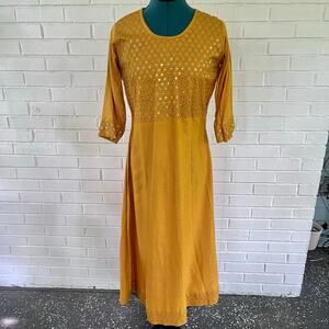 Yellow Indian style embroidered cotton midi dress
